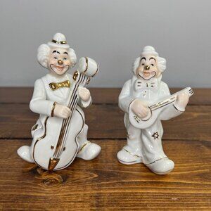 Vintage Porcelain Capodimonte Figurines Clowns Two Musicians Playing Instruments